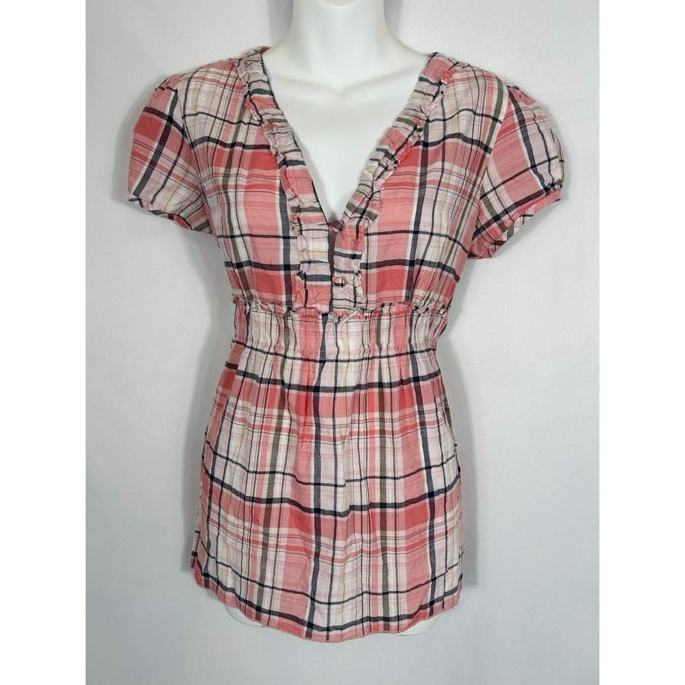 Vintage Y2K Plaid Babydoll Top Cottagecore Coquette Pink Cotton Puff Sleeve XL